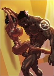 1boy 1girls abs against_wall arcane athletic_female big_breasts big_penis black_hair dargoden dark-skinned_female dark-skinned_male league_of_legends lightning_bolt lightning_bolt_symbol mel_medarda muscular_male nude pleasure_face riot_games tagme tattoo