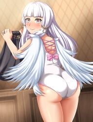 1girls absurdres alternate_costume angel_leotard angel_wings ass black_skirt blush commentary_request commission cowboy_shot dragon_quest embarrassed female female_only fire_emblem fire_emblem:_three_houses from_behind garreg_mach_monastery_uniform hair_ribbon highres holding holding_clothes large_ass leotard long_hair lysithea_von_ordelia nervous nervous_smile nintendo nose_blush pink_eyes pixiv_commission ribbon skirt smile solo tress_ribbon white_hair white_leotard wings zanntetu