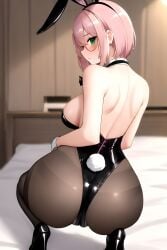 ai_generated alternate_costume ass ass_focus bare_shoulders bed blush breasts charlotte_(genshin_impact) embarrassed female from_behind genshin_impact green_eyes hairband high_heels leotard looking_at_viewer medium_breasts monocle pantyhose pink_hair playboy_bunny rabbit_ears rabbit_tail shiny shiny_clothes shiny_hair shiny_skin short_hair sideboob solo squatting tail wrist_cuffs