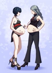 2girls atlus big_belly blue_hair doctor double_pregnancy grey_hair high_heels lawyer long_gray_hair mature_female megami_tensei misscherrylle multiple_pregnancies older_female persona persona_5 platform_heels pregnant ready_to_pop sae_niijima sega short_black_hair small_breasts stethoscope tae_takemi yuri