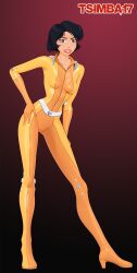 1girls 5_fingers alex_(totally_spies) black_hair bodysuit brown_eyes brown_hair clothing female female_focus female_only hair heels high_heels human jpeg lipstick posing red_background solo spandex spandex_suit standing teeth teeth_clenched tight_clothing totally_spies tsimba17 yellow_bodysuit yellow_clothing