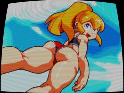 1girls ass ass_focus blonde_hair capcom clothed clothed_female crt mega_man mega_man(classic) pepipopo pixel_art ponytail robot robot_girl robot_humanoid roll smile smiling smiling_at_viewer thick_thighs thighs