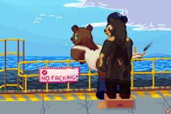 absurd_res anthro avian bear bird cartoon_network clothing duo grizzly_(wbb) gull hat headgear headwear hi_res hrelterskrelter lari larid male male/male mammal oil_rig railing sea sign small_top_big_bottom sun_bear ursine water we_bare_bears