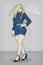 1girls blonde_hair blue_eyes female female_only fullmetal_alchemist glossy_lips long_hair milf olivier_mira_armstrong short_skirt thick_thighs