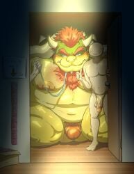 absurd_res anonymous_character anthro big_nipples body_hair bowser chest_hair collar condom gay genitals group hi_res koopa leash leashed_collar male male_only mario_(series) nintendo nipples penis samonaa2 scalie sexual_barrier_device spiked_collar spikes thick_penis trio