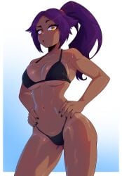 1girls big_breasts bikini bikini_bottom bikini_top black_bikini black_nail_polish black_nails bleach bottomwear breasts cleavage dashi_art female female_only hair hands_on_hips hips huge_breasts nail_polish nails ponytail purple_hair shihouin_yoruichi solo solo_female swimwear thighs topwear yellow_eyes