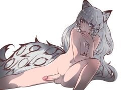 1futa animal_ears arknights bangs breasts fate_monaral futa_only futanari grey_hair humanoid humanoid_penis kemonomimi light-skinned_futanari light_skin long_hair nude pramanix_(arknights) sitting solo