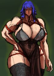 aep127035 blue_hair bondage dress muscular_female thick_thighs tight_clothing