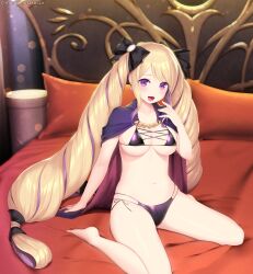 1girls alternate_costume bare_legs barefoot bed bedroom_eyes bikini black_bow blonde_hair bow breasts cape cleavage drill_hair earrings elise_(fire_emblem) female female_only fire_emblem fire_emblem_fates hairbow highres indoors jewelry kashiwamochi_yomogi kneeling legs light_blush long_hair looking_at_viewer medium_breasts navel nintendo on_bed pillow purple_bikini purple_eyes side-tie_bikini_bottom sideboob sisters skindentation smile solo stomach swimsuit tiara twin_drills twintails underboob very_long_hair