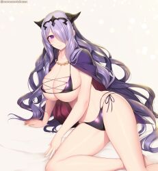 1girls alternate_costume bed bedroom_eyes bikini blonde_hair breasts camilla_(fire_emblem) cape cleavage female female_only fire_emblem fire_emblem_fates hair_over_one_eye highres horns kashiwamochi_yomogi large_breasts light_blush long_hair looking_at_viewer nintendo on_bed purple_bikini purple_eyes purple_hair side-tie_bikini_bottom sideboob skindentation smile solo stomach swimsuit tiara underboob very_long_hair wavy_hair white_background