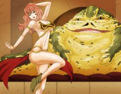 belly_dancer belly_dancer_outfit boots brown_eyes brown_hair cleavage crossover dancer dancer_outfit dancing eastern_and_western_character harem_girl harem_outfit huge_breasts hutt jabba's_palace jabba_the_hutt loincloth long_hair lupin_iii mine_fujiko slave slave_bikini slave_collar slave_leia_(cosplay) slave_outfit slavegirl star_wars wadevezecha