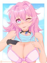 big_breasts bra breasts busty caelus_(honkai:_star_rail) honkai:_star_rail honkai_(series) march_7th_(honkai:_star_rail) pink_eyes pink_hair pov sekhema shirt shirt_lift shirt_up