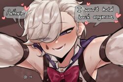 2boys aether_(genshin_impact) armpits blush bow boy_on_top btms btms666 english_text femboy genshin_impact horny katze lyney_(genshin_impact) naughty_face smile speech_bubble sweat teardrop twink