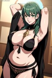 ai_generated belly_dance belly_dancer belly_dancer_outfit black_bikini black_bra black_underwear byleth_(fire_emblem) byleth_(fire_emblem)_(female) female fire_emblem fire_emblem:_three_houses green_eyes hands_behind_head loincloth navel nintendo