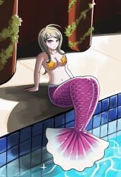 akamatsu_kaede big_breasts blonde_female blonde_hair breasts danganronpa danganronpa_v3 huge_breasts mermaid mermaid_girl mermaid_tail mermaid_transformation pool poolside purple_eyes solo starfish starfish_pasties