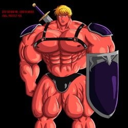 1boy anime_muscle blonde_male blonde_muscle english_text fire_emblem fire_emblem:_the_blazing_blade harken_(fire_emblem) imafrnin leather male male_only muscle_growth muscular muscular_male nintendo pecs solo text