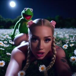 1girls ai_generated blonde_hair celebrity dall-e3 doggy_style field flower flower_field flowers iggy_azalea implied_sex kermit_the_frog light-skinned_female lying_on_ground muppets pig pig_ears pig_girl pig_nose puppet real_person sesame_street tagme the_muppet_show