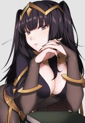 1girls armlet artist_name black_cape black_hair black_nails blunt_bangs bodystocking book book_stack breasts bridal_gauntlets cape cleavage commentary covered_navel eyelashes female female female_only fire_emblem fire_emblem_awakening gold grey_eyes highres large_breasts leaning_forward long_hair looking_at_viewer nintendo peach11_01 pelvic_curtain skin_tight solo tharja_(fire_emblem) tiara two_side_up