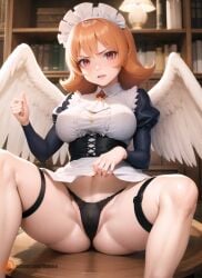 2023 ai_generated angry birdmaid black_panties blush breasts cameltoe clothed clothing curvaceous curvy detailed female hair_ornament harpy harpy_girl hi_res humanoid illumaru ishuzoku_reviewers lifting_shirt lifting_skirt looking_at_viewer maid maid_headdress maid_outfit maid_uniform meidri monster_girl navel on_table panties solo spread_legs stable_diffusion thick_thighs thighs tsundere underwear voluptuous voluptuous_female wings