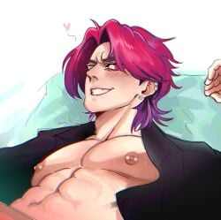 abs big_breasts breasts_out heartsteel_kayn heartsteel_series heterochromia kayn league_of_legends male male_focus male_only muscular_male pecs pectorals pink_hair purple_hair semi_clothed smile sweat