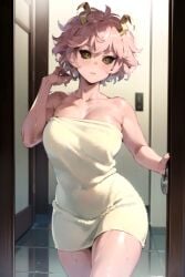 ai_generated aiposter door doorway horns mina_ashido mommy my_hero_academia pink_hair towel wet wet_body wet_hair