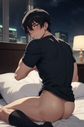 ai_generated apartment ass bed black_haired_male black_shirt black_socks blushing_at_viewer cute_male gay half-naked innocent lamp male_only male_pov muscular_femboy night night_sky pretty_boy sexual sitting_on_bed sweat_fetish sweaty_thighs twunk wholesome