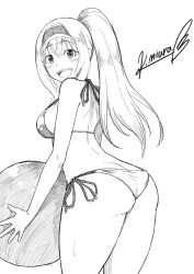 1girls alternate_hairstyle artist_name ass ball beachball big_ass big_breasts bikini blush bow breasts busty butt_crack cecilia_alcott fat_ass from_behind hairbow highres infinite_stratos large_breasts legs looking_at_viewer monochrome open_mouth ponytail sideboob smile solo swimsuit thick_thighs thighs traditional_media