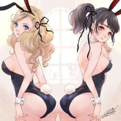 2girls ann_takamaki ass ass_focus black_hair blonde_hair blue_eyes brown_eyes bunny_ears bunny_girl bunny_tail bunnysuit collar cuffs nono_meke persona persona_5 ponytail ribbon ribbons shiho_suzui shin_megami_tensei side_view signature