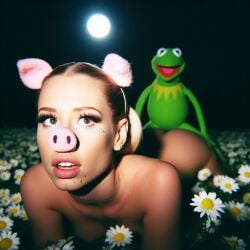 1girls ai_generated blonde_hair celebrity dall-e3 doggy_style field flower flower_field flowers iggy_azalea implied_sex kermit_the_frog light-skinned_female lying_on_ground muppets pig pig_ears pig_girl pig_nose puppet real_person realistic sesame_street tagme the_muppet_show