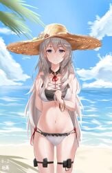 1girls algerie_(azur_lane) algerie_(white_sand_paradise)_(azur_lane) azur_lane beach belly_button breasts female female_only hat huge_breasts light-skinned_female light_skin outdoors purple_eyes qing_wu solo sun_hat tagme vichya_dominion_(azur_lane) water white_hair