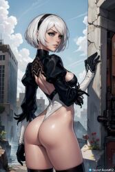 ai_generated ass ass_focus back_view female female_only gloves grey_eyes nier nier:_automata nier_(series) secret_room12 shiny_skin short_hair stable_diffusion white_hair yorha_2b