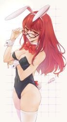 bowtie bowtie_collar bunny_ears bunnysuit collar cuffs female female_only glasses kasumi_yoshizawa legs looking_at_viewer looking_over_eyewear looking_over_glasses nono_meke persona persona_5 persona_5_royal red_eyes red_hair ribbon shin_megami_tensei signature solo solo_female sumire_yoshizawa