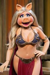 ai_generated animal_ears armlet armor blonde_hair blue_eyes bracelet breasts cape cleavage cowboy_shot eyeshadow furry furry_female jewelry large_breasts long_hair looking_at_viewer makeup miss_piggy muppets navel pelvic_curtain slave_bikini slave_leia_(cosplay) solo star_wars