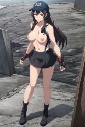 ai_generated black_hair black_skirt breasts fbi fbi_cap final_fantasy final_fantasy_vii fingerless_gloves large_breasts meme meme_attire metalchromex outside skirt tifa_lockhart