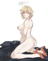 blonde_hair breasts butt dialogue female_only high_heels ijessbest milf mitsuki_bakugou my_hero_academia naked naked_female on_bed red_eyes seductive_look short_hair