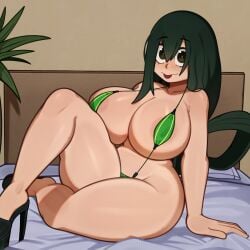 1girls areola_slip areolae big_breasts bikini breasts busty eyebrows female female_only green_hair light-skinned_female light_skin long_hair looking_at_viewer melonpuff my_hero_academia navel sling_bikini solo solo_female solo_focus thick_thighs thighs tongue tongue_out tsuyu_asui voluptuous wide_hips