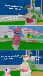 2girls 3d breasts busty clothing comic conversation dialogue english_text female female_only garter_belt garter_straps girl girls mario_(series) motivation multiple_girls nipples outdoors piranha piranha_plant piranha_plant_girl shy_gal shy_girl smile standing super_mario_bros. text tits_out