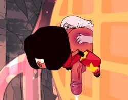 1futa 1girls accurate_art_style amethyst_(steven_universe) balls bottomless cartoon_network clothed clothing duo erection female futa_on_female futanari garnet_(steven_universe) gem_(species) huge_ass huge_cock humanoid humanoid_penis nude_filter partially_clothed penis precum screenshot screenshot_edit self_upload steven_universe su_edits thick_thighs together_breakfast_(steven_universe) wide_hips