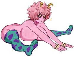 1girls alternate_breast_size antennae ass black_sclera breasts bubble_butt curly_hair female huge_breasts large_ass looking_at_viewer melonpuff mina_ashido my_hero_academia nude pink_body pink_hair pink_skin thick_thighs thighhighs thighs wide_hips yellow_eyes