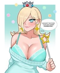 1girls 2d big_breasts blonde_hair blue_background blue_bra blue_clothing blue_eyes blue_sweater blue_underwear bra breasts cleavage clothing crown dialogue english_text female female_only flirting flirting_with_viewer glistening_eyes jumper large_breasts mario_(series) moxridey nintendo princess_rosalina simple_background smile solo star_bits super_mario_galaxy sweater text underwear wand white_border