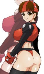 1girls ass big_ass big_breasts breasts brown_eyes brown_hair busty covered_erect_nipples fat_ass fingerless_gloves gloves highres large_breasts legs looking_at_viewer looking_back midriff power_instinct sensual short_hair sideboob smile solo super_kurara thick_thighs thighs thong