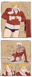 blonde_hair brown_skin bunny_ears dialogue fatgum flirting ijessbest imminent_sex miruko my_hero_academia red_eyes rumi_usagiyama santa_costume seducing straight toyomitsu_taishirou white_hair yellow_eyes