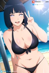 ahegao ai_generated beach bikini black_hair boruto:_naruto_next_generations clouds huge_breasts hyuuga_hinata juanpi_amvs large_breasts naruto naruto_(series) ocean open_mouth peace_sign sand short_hair sky sunlight tongue tongue_out waves