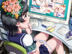 blush clothed_masturbation clothing computer female_masturbation fingering flower masturbating masturbation panties panty_pull sameha_ikuya school_uniform self_fondle skirt to_aru_kagaku_no_railgun to_aru_majutsu_no_index uiharu_kazari underwear watching_porn