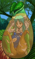 bule clothing female green_hair knee_boots long_hair monster open_mouth pitcher_plant plant plant_vore pregnant torn_clothes vore x-ray