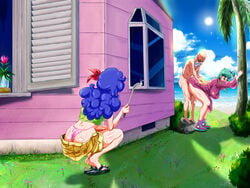 1boy 2girls against_tree bald beach beard blue_hair blush bow breasts bulma_briefs caterwaul censored cuckquean curly_hair curtains cushion dragon_ball dragon_ball_(classic) eavesdropping embarrassed female good_launch green_hair house human indoors island kame_house large_breasts launch long_hair master_roshi nipples nude old_man outdoors panties sandals sea sex shorts spying squatting sun sunglasses sweat tree watching