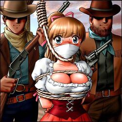 1girls 2boys arms_behind_back asphyxiation bad_end beard blonde_hair blue_eyes blush bondage bound bound_arms breasts cleavage cleave_gag corset cowboy cowboy_hat execution facial_hair gag gagged gun hanged hat hostage imminent_death large_breasts multiple_boys no_eyes noose original over_the_mouth_gag over_the_nose_gag peril photo_background pistol ponytail revolver rifle rope scared shingyouji_tatsuya sweat tied_hair tied_up weapon western wide_eyed