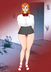 arms_behind_back bathroom bleach blush bow breasts censored curvy female flower footwear hair_ornament hairclip hips huge_breasts inoue_orihime long_hair miniskirt open_mouth open_toe_shoes orange_hair pubic_hair pussy red_eyes red_snake_come_on ribbon school_uniform skirt socks solo standing