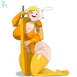 adventure_time armwear clothing covered_nipples crisisaura female fionna_the_human_girl headwear huge_ass huge_breasts human legwear leotard nipples pale_skin sword thick_thighs thighhighs weapon wide_hips