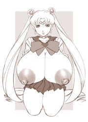 bishoujo_senshi_sailor_moon clothing gigantic_breasts huge_breasts large_breasts monochrome nipples orange_brand sailor_moon sitting skirt usagi_tsukino